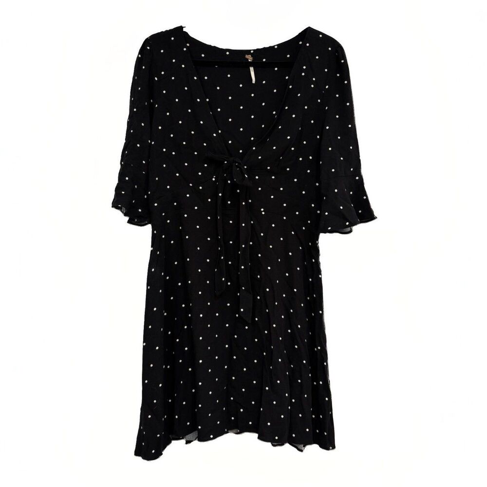Free People Dress Womens Size 12 Black White Polka Dot Mini Tie Front